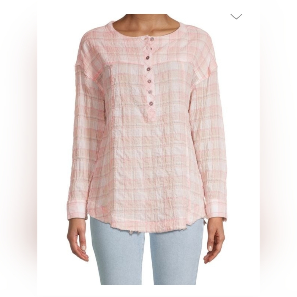 Beachlunchlounge Women's Mia Top Large Long Sleeve Pink Plaid Raw Hem